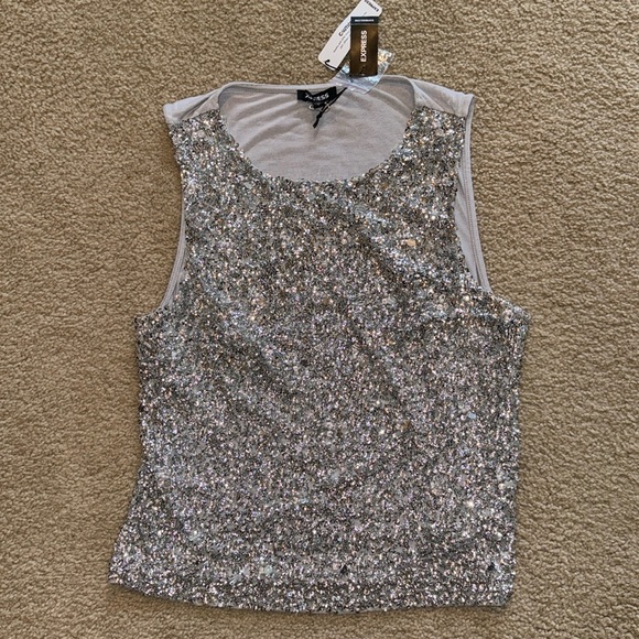 NWT Express Silver Sequin & Pearl Embellished Top - Picture 2 of 3